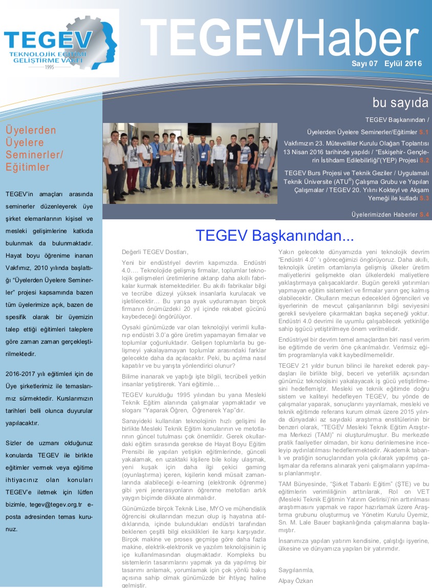 TEGEV Bülten Eylül 2016 – Sayı 7